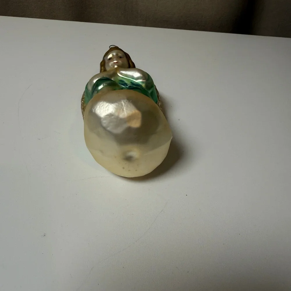 Praying Angel Glass Christmas Ornament Gold Green‎ Glitter Wings Vintage Style